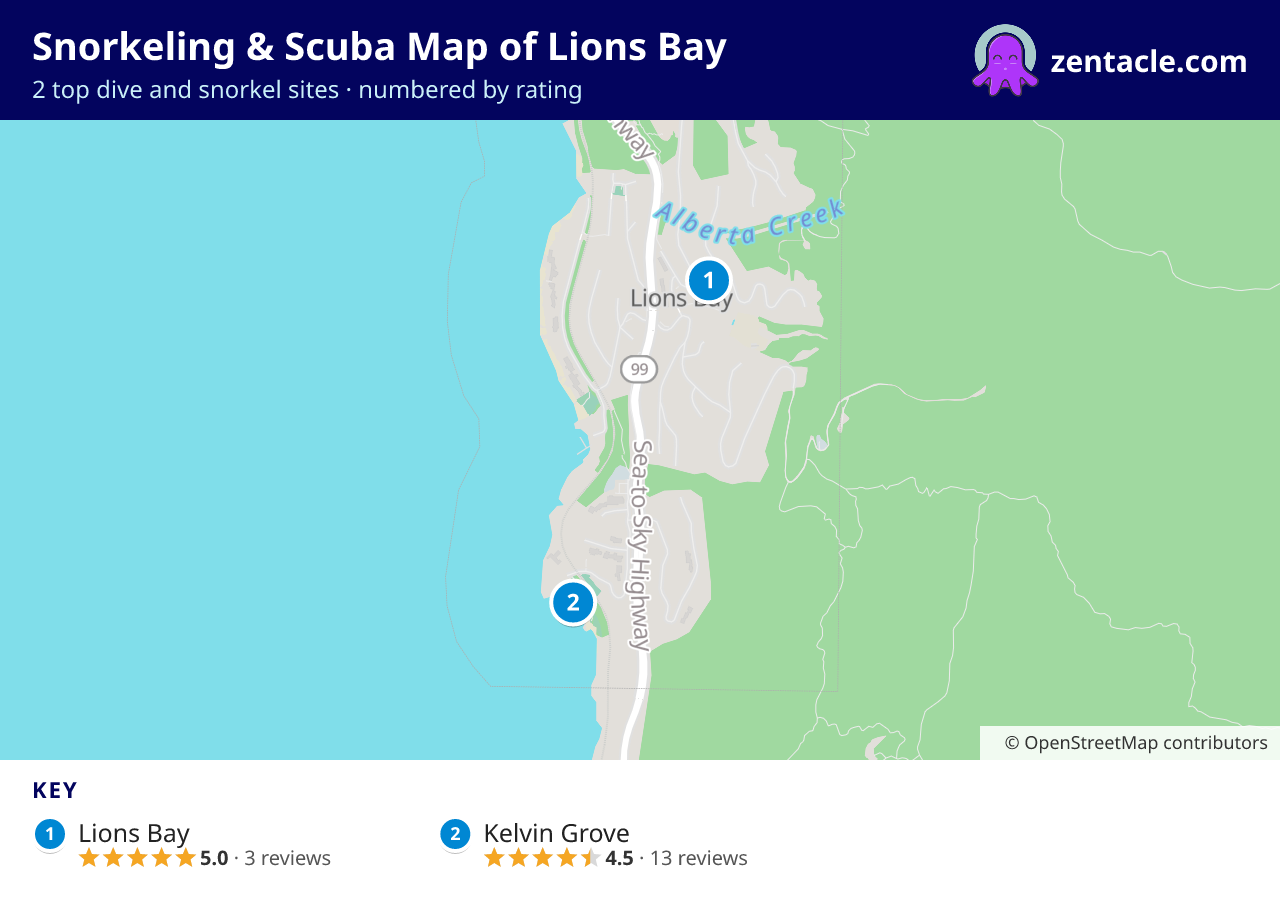Snorkeling & Scuba Map of Lions Bay: numbered map of the top 2 dive and snorkel sites, with ratings