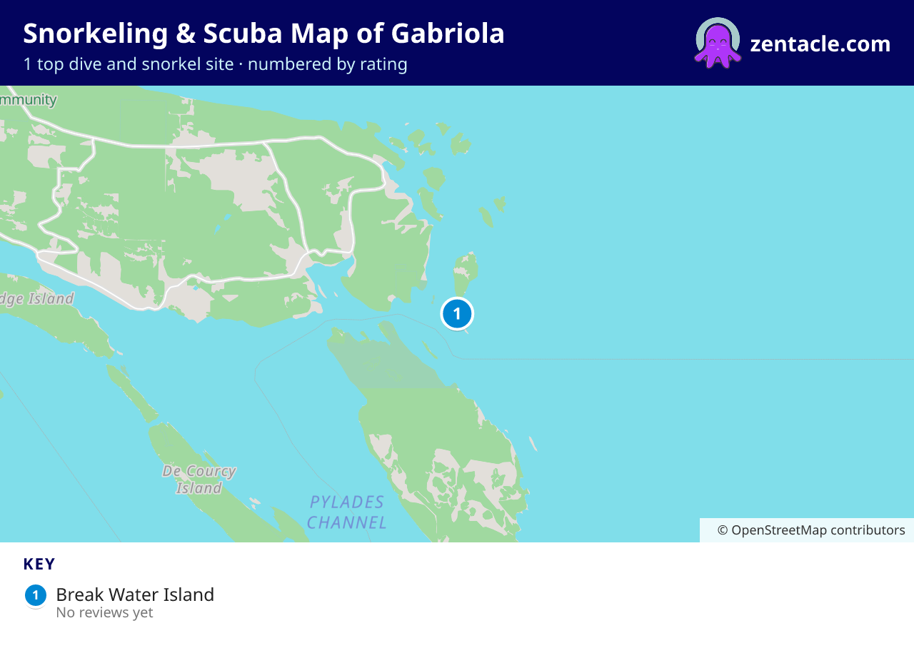 Snorkeling & Scuba Map of Gabriola: numbered map of the top 1 dive and snorkel sites, with ratings