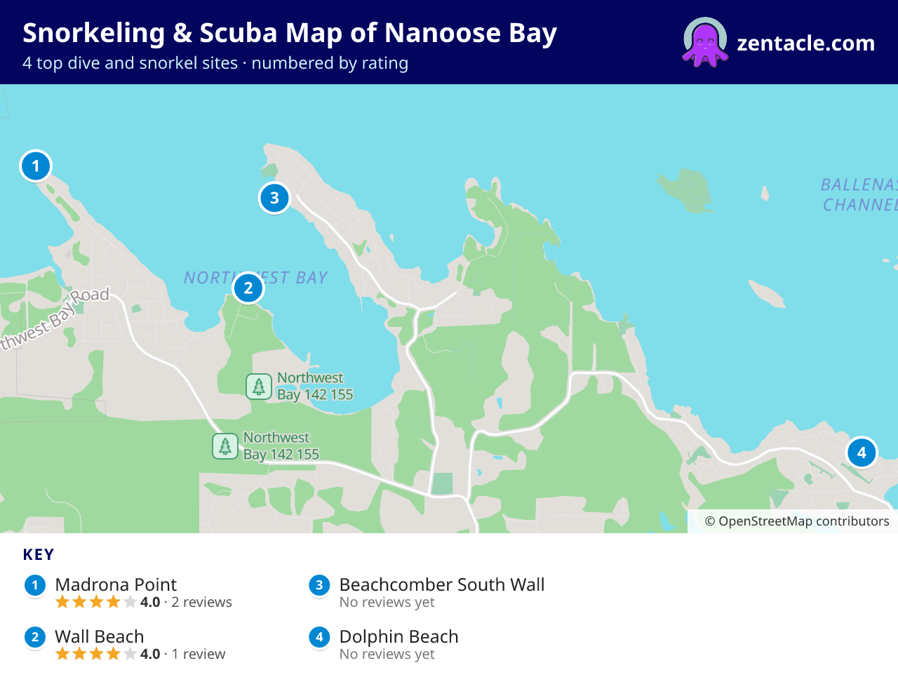Snorkeling & Scuba Map of Nanoose Bay: numbered map of the top 4 dive and snorkel sites, with ratings