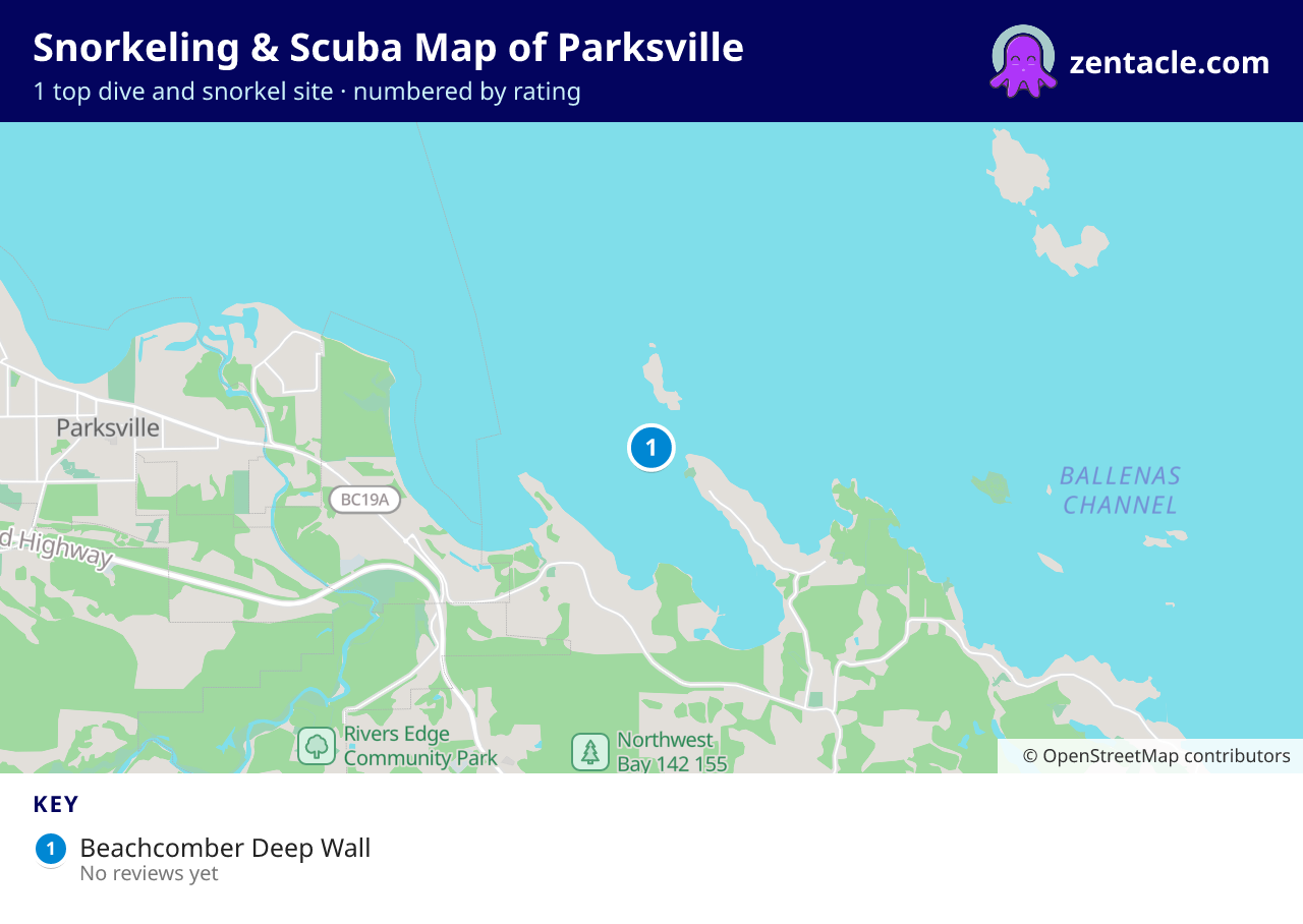 Snorkeling & Scuba Map of Parksville: numbered map of the top 1 dive and snorkel sites, with ratings