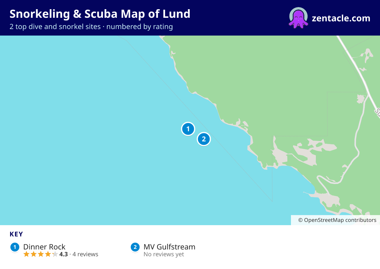 Snorkeling & Scuba Map of Lund: numbered map of the top 2 dive and snorkel sites, with ratings