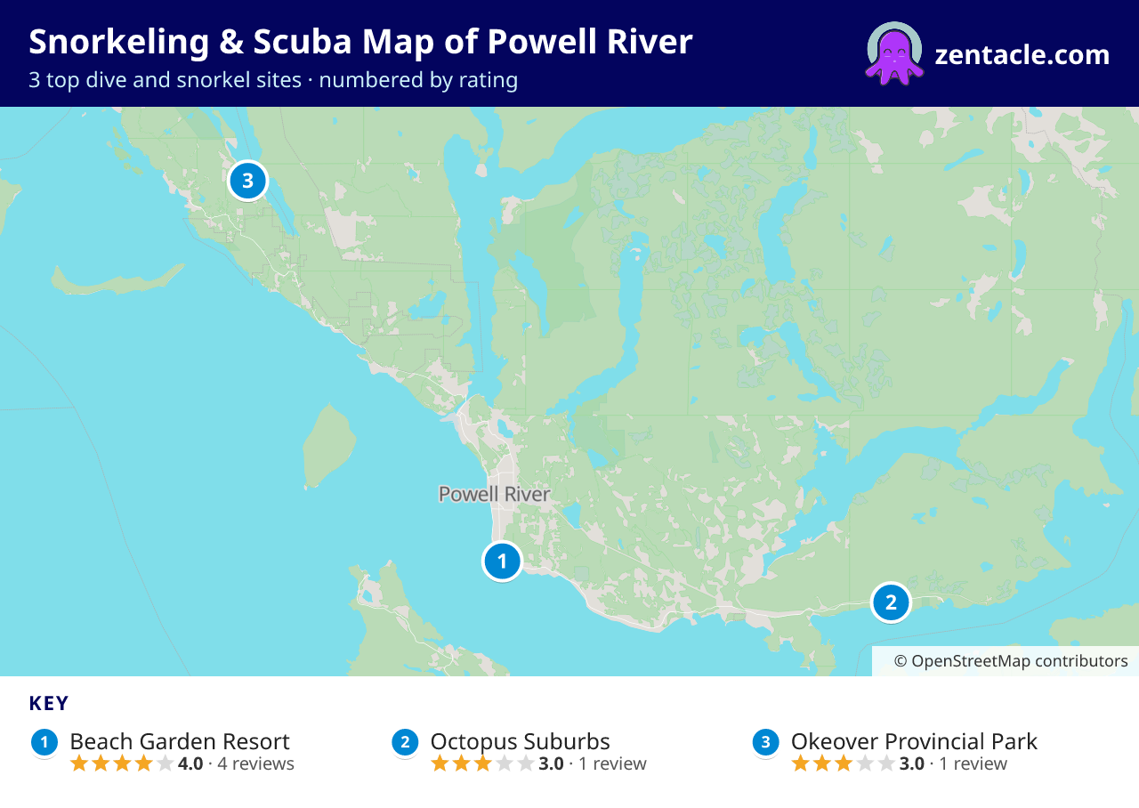 Snorkeling & Scuba Map of Powell River: numbered map of the top 3 dive and snorkel sites, with ratings