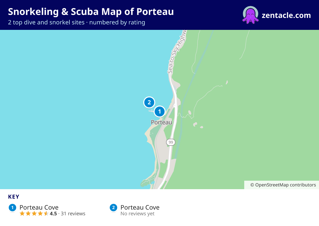 Snorkeling & Scuba Map of Porteau: numbered map of the top 2 dive and snorkel sites, with ratings