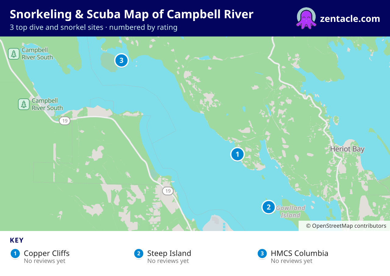 Snorkeling & Scuba Map of Campbell River: numbered map of the top 3 dive and snorkel sites, with ratings