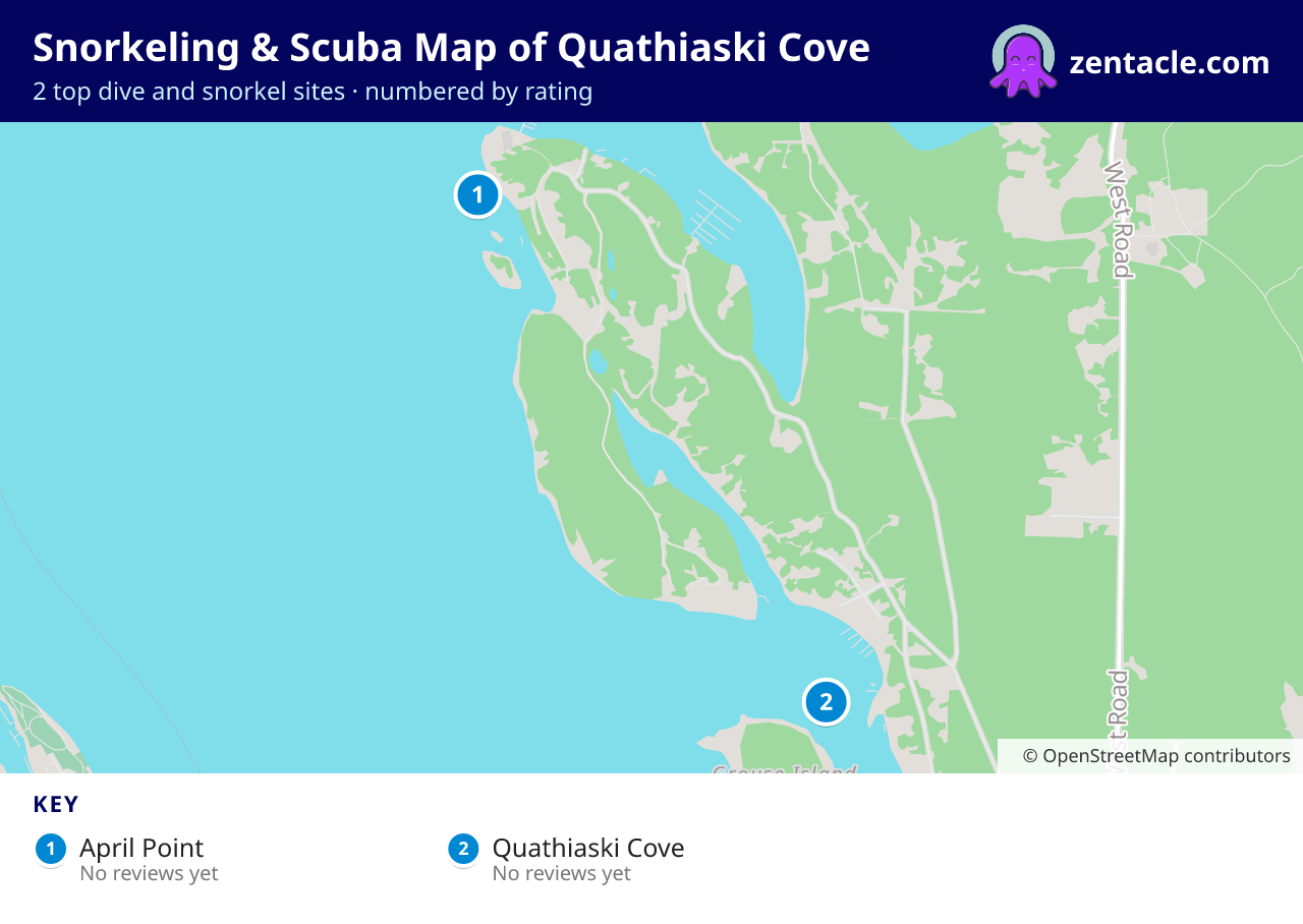 Snorkeling & Scuba Map of Quathiaski Cove: numbered map of the top 2 dive and snorkel sites, with ratings