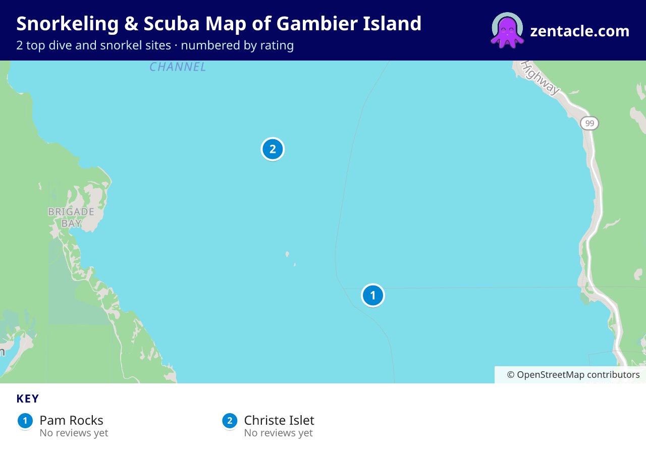 Snorkeling & Scuba Map of Gambier Island: numbered map of the top 2 dive and snorkel sites, with ratings