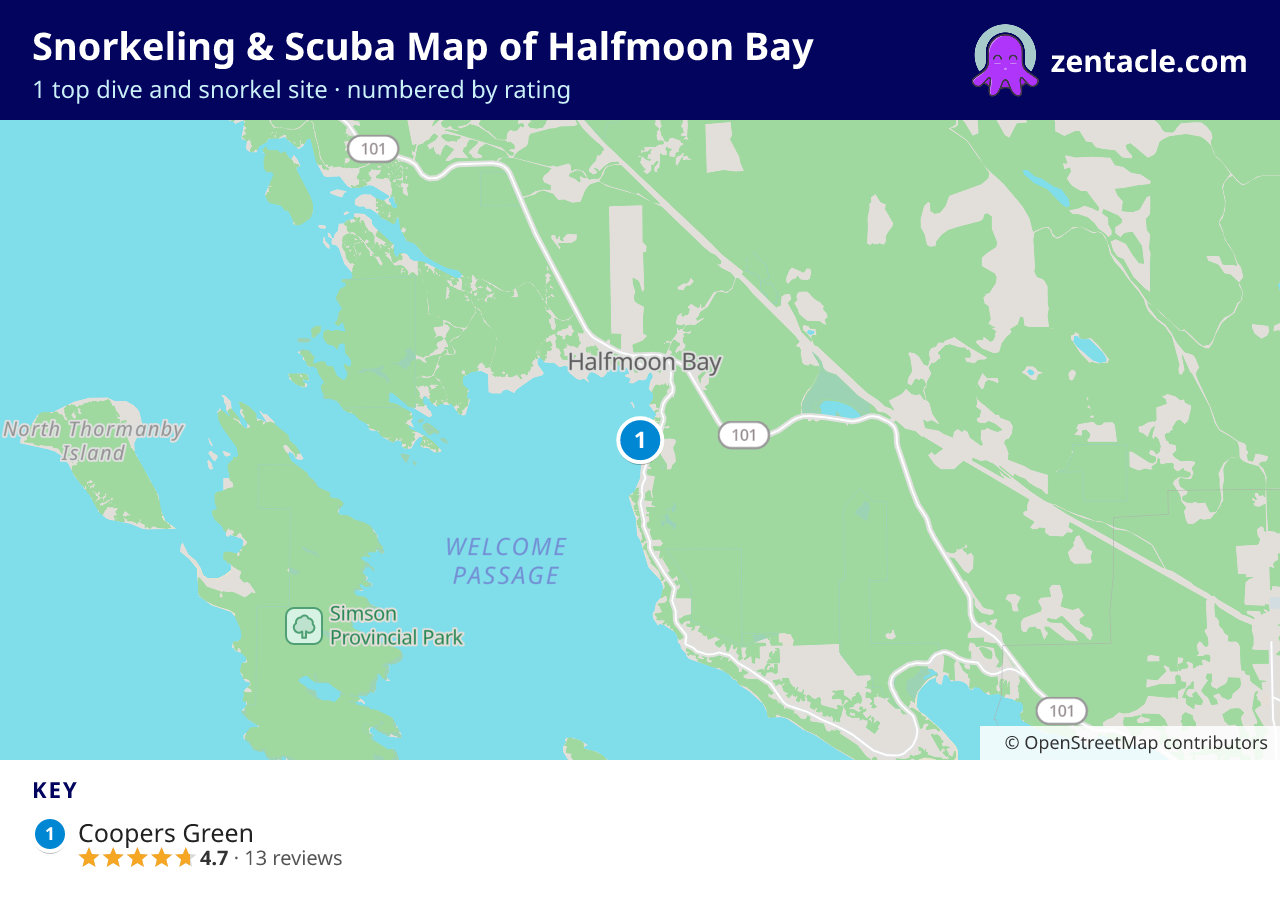 Snorkeling & Scuba Map of Halfmoon Bay: numbered map of the top 1 dive and snorkel sites, with ratings