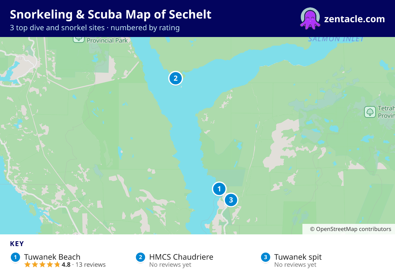 Snorkeling & Scuba Map of Sechelt: numbered map of the top 3 dive and snorkel sites, with ratings