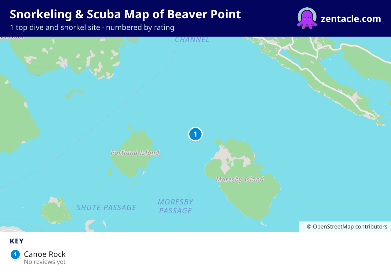 Snorkeling & Scuba Map of Beaver Point: numbered map of the top 1 dive and snorkel sites, with ratings