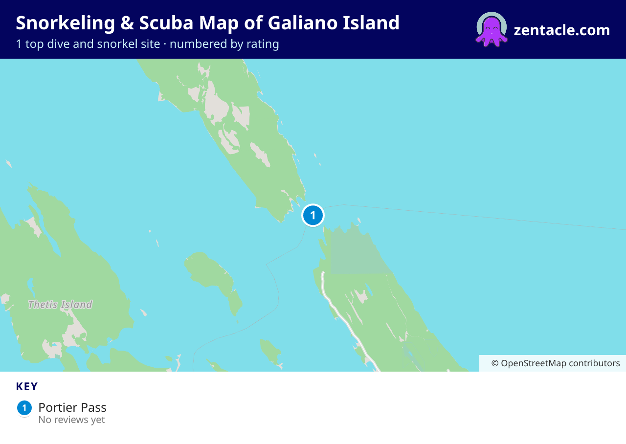 Snorkeling & Scuba Map of Galiano Island: numbered map of the top 1 dive and snorkel sites, with ratings
