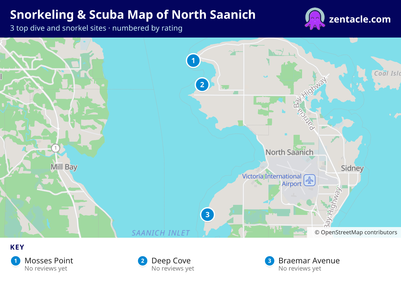 Snorkeling & Scuba Map of North Saanich: numbered map of the top 3 dive and snorkel sites, with ratings