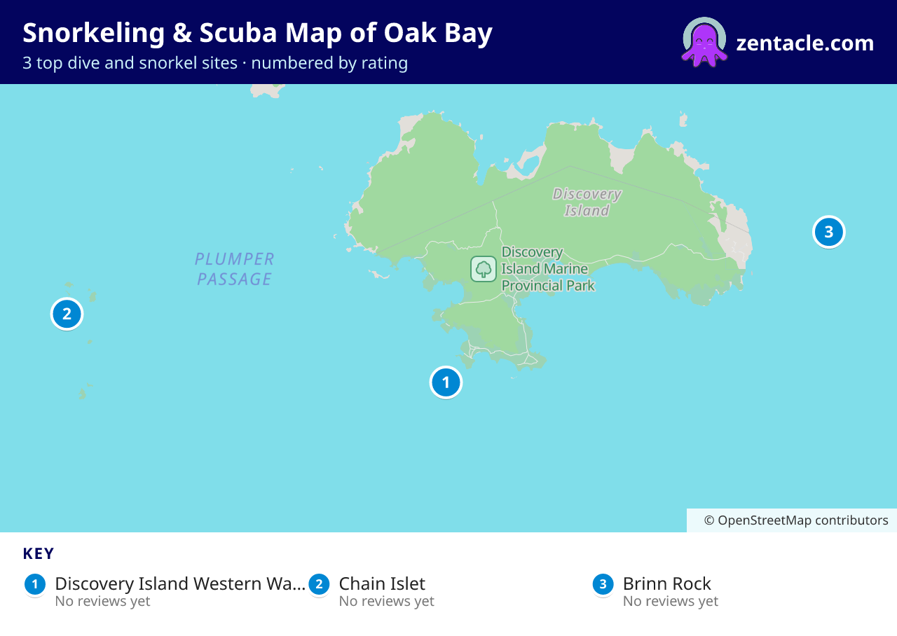 Snorkeling & Scuba Map of Oak Bay: numbered map of the top 3 dive and snorkel sites, with ratings