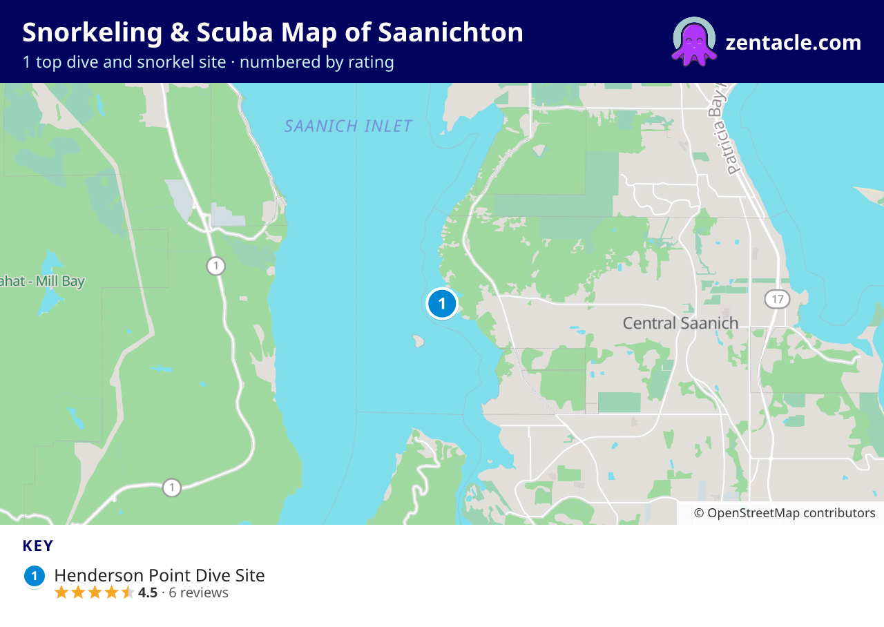 Snorkeling & Scuba Map of Saanichton: numbered map of the top 1 dive and snorkel sites, with ratings