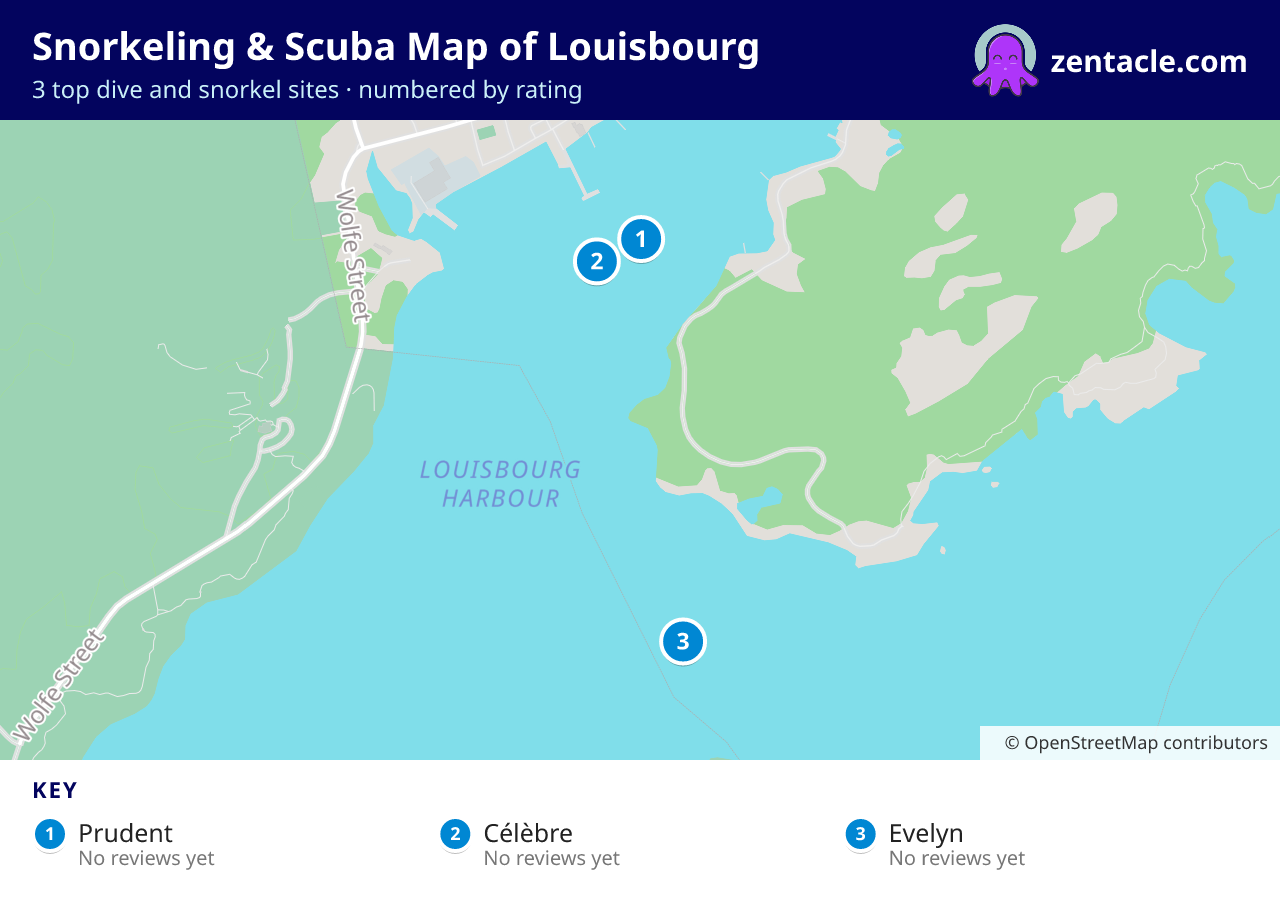 Snorkeling & Scuba Map of Louisbourg: numbered map of the top 3 dive and snorkel sites, with ratings