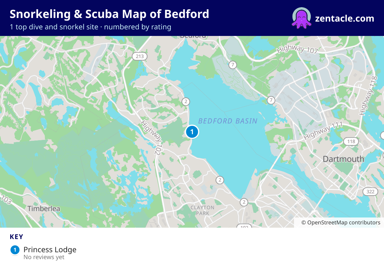 Snorkeling & Scuba Map of Bedford: numbered map of the top 1 dive and snorkel sites, with ratings