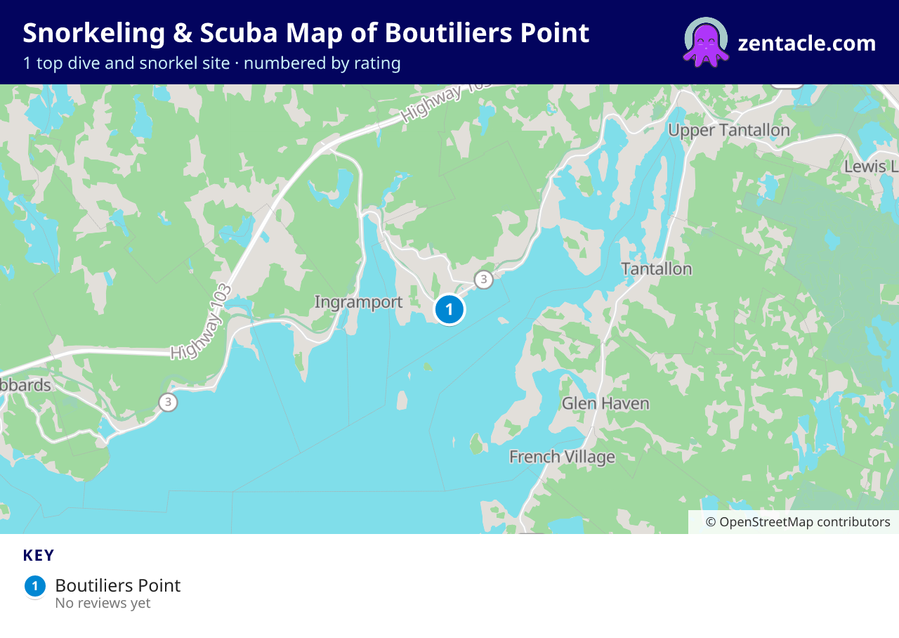 Snorkeling & Scuba Map of Boutiliers Point: numbered map of the top 1 dive and snorkel sites, with ratings