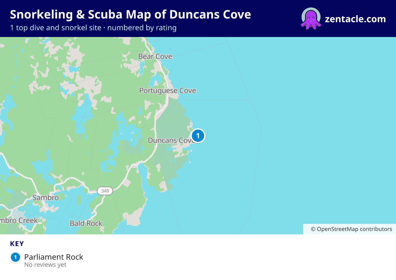 Snorkeling & Scuba Map of Duncans Cove: numbered map of the top 1 dive and snorkel sites, with ratings