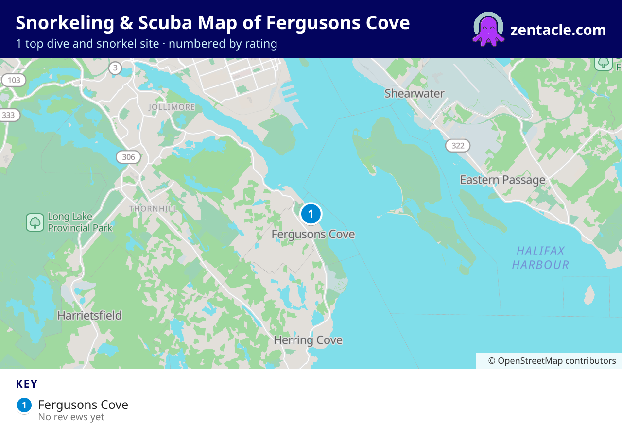 Snorkeling & Scuba Map of Fergusons Cove: numbered map of the top 1 dive and snorkel sites, with ratings