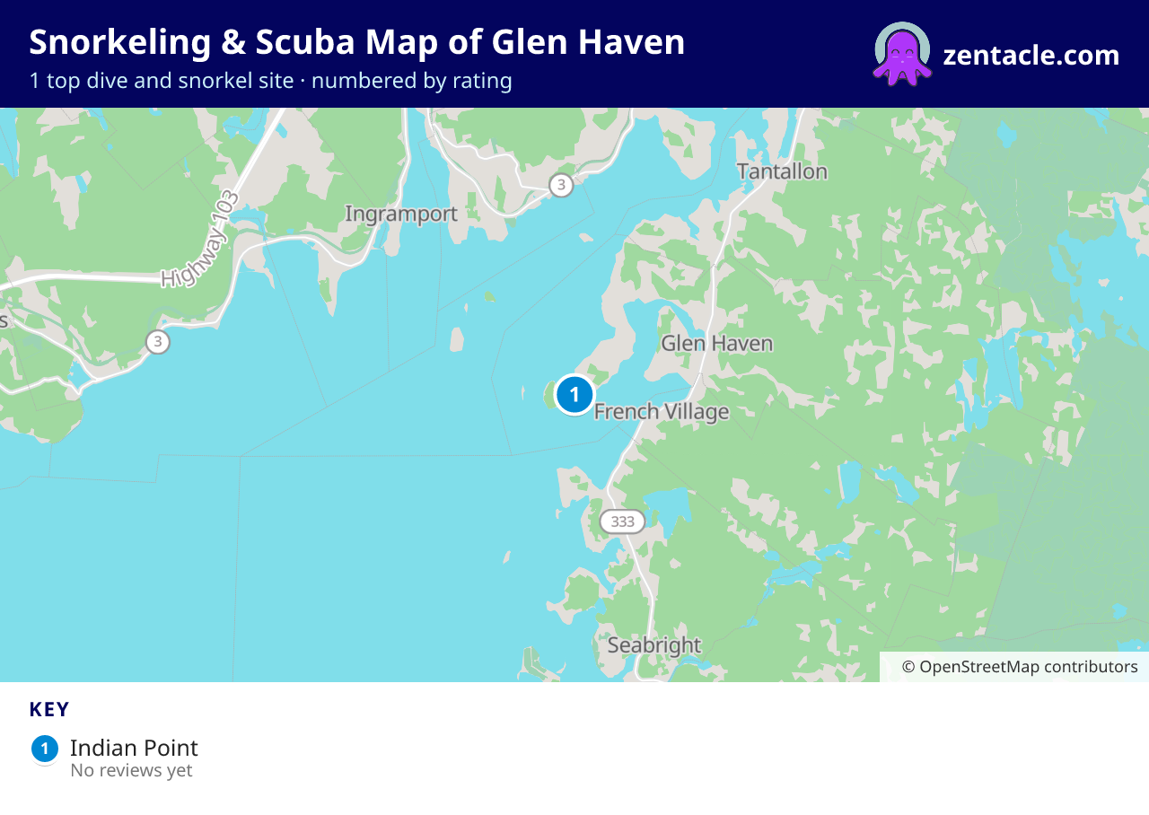 Snorkeling & Scuba Map of Glen Haven: numbered map of the top 1 dive and snorkel sites, with ratings