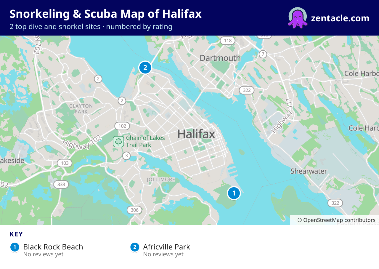 Snorkeling & Scuba Map of Halifax: numbered map of the top 2 dive and snorkel sites, with ratings
