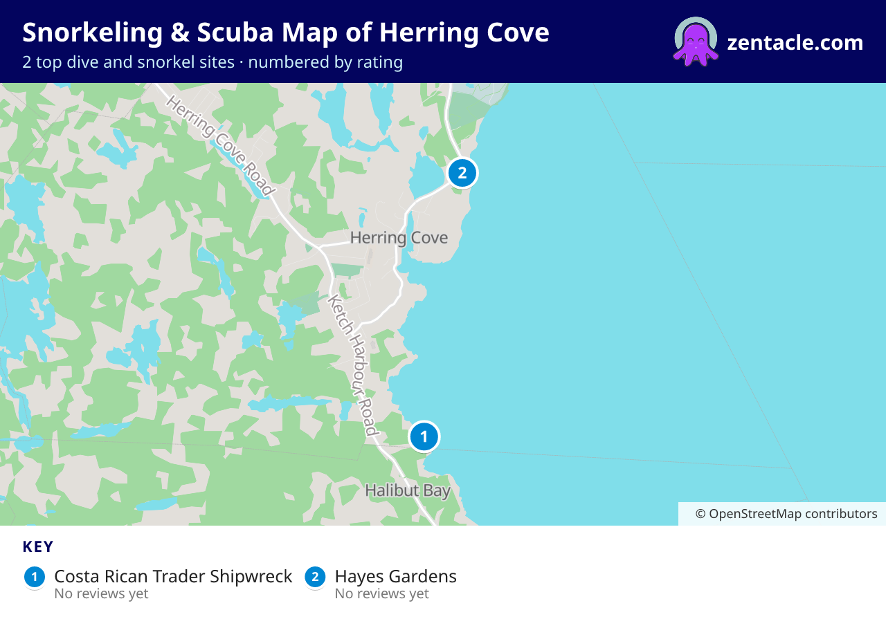 Snorkeling & Scuba Map of Herring Cove: numbered map of the top 2 dive and snorkel sites, with ratings