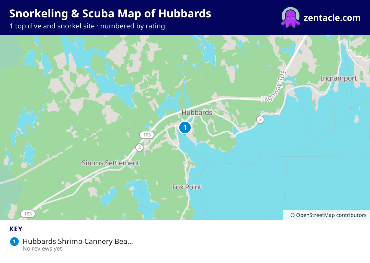 Snorkeling & Scuba Map of Hubbards: numbered map of the top 1 dive and snorkel sites, with ratings