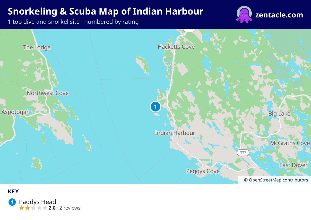 Snorkeling & Scuba Map of Indian Harbour: numbered map of the top 1 dive and snorkel sites, with ratings