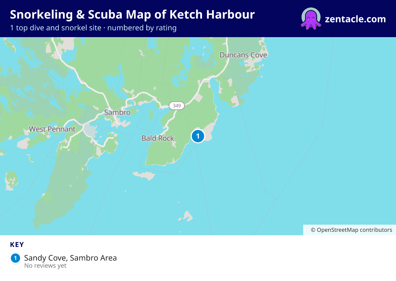 Snorkeling & Scuba Map of Ketch Harbour: numbered map of the top 1 dive and snorkel sites, with ratings