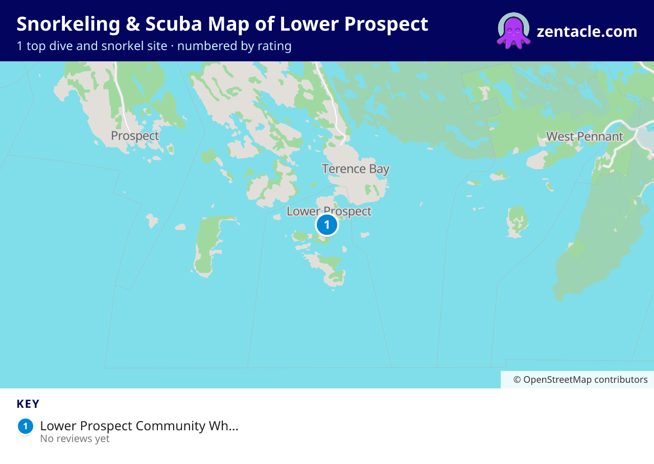 Snorkeling & Scuba Map of Lower Prospect: numbered map of the top 1 dive and snorkel sites, with ratings