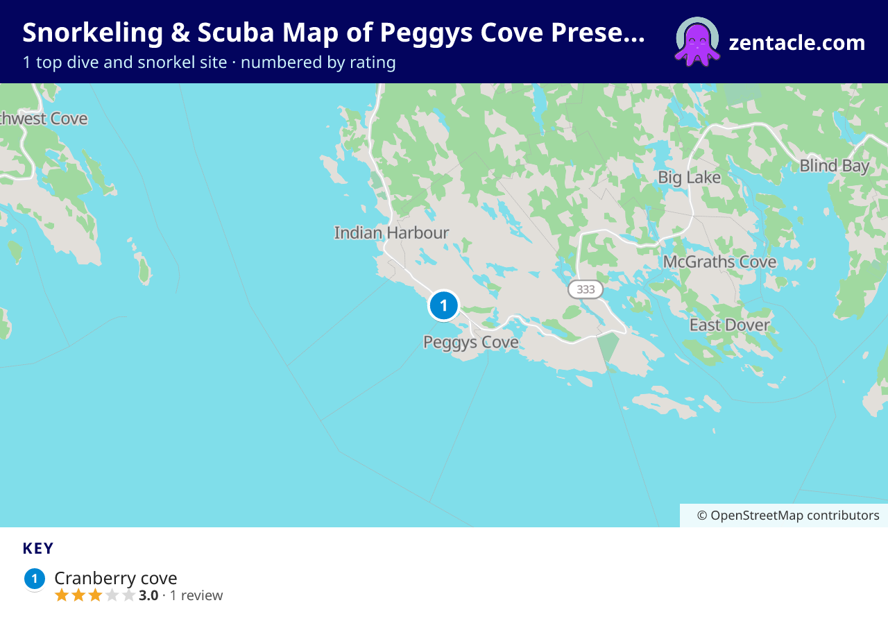 Snorkeling & Scuba Map of Peggys Cove Preservation Area: numbered map of the top 1 dive and snorkel sites, with ratings