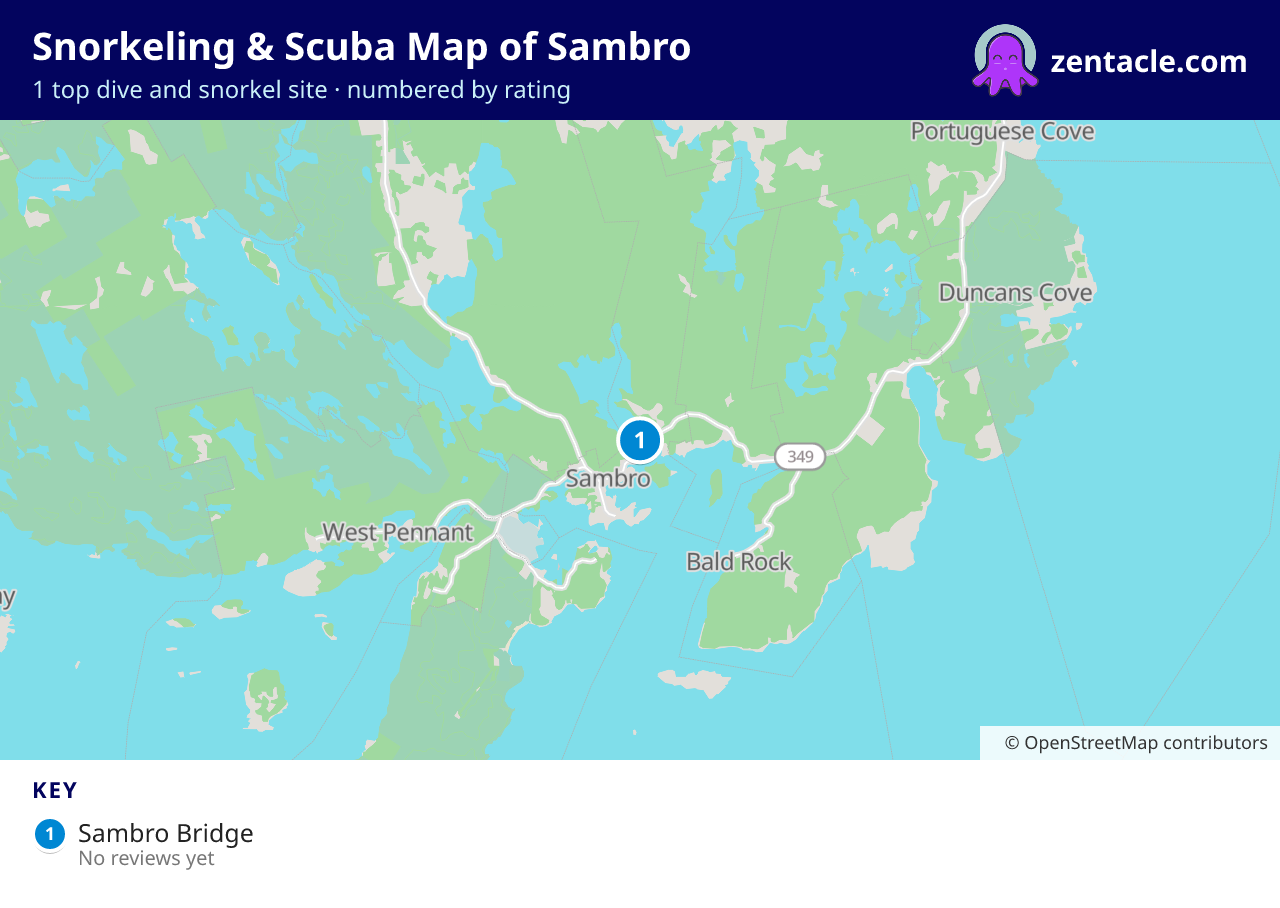 Snorkeling & Scuba Map of Sambro: numbered map of the top 1 dive and snorkel sites, with ratings