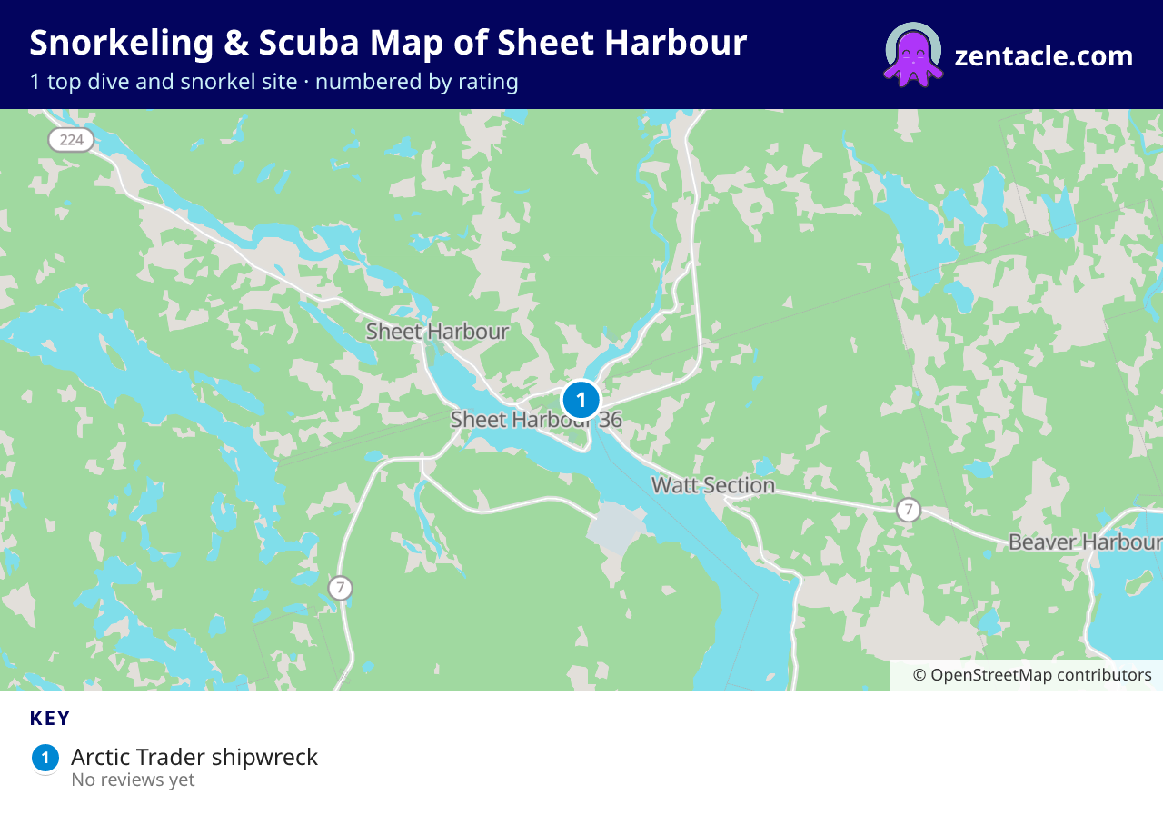 Snorkeling & Scuba Map of Sheet Harbour: numbered map of the top 1 dive and snorkel sites, with ratings