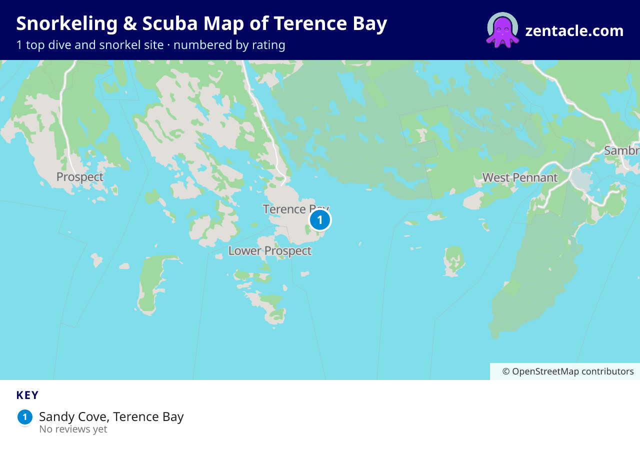 Snorkeling & Scuba Map of Terence Bay: numbered map of the top 1 dive and snorkel sites, with ratings