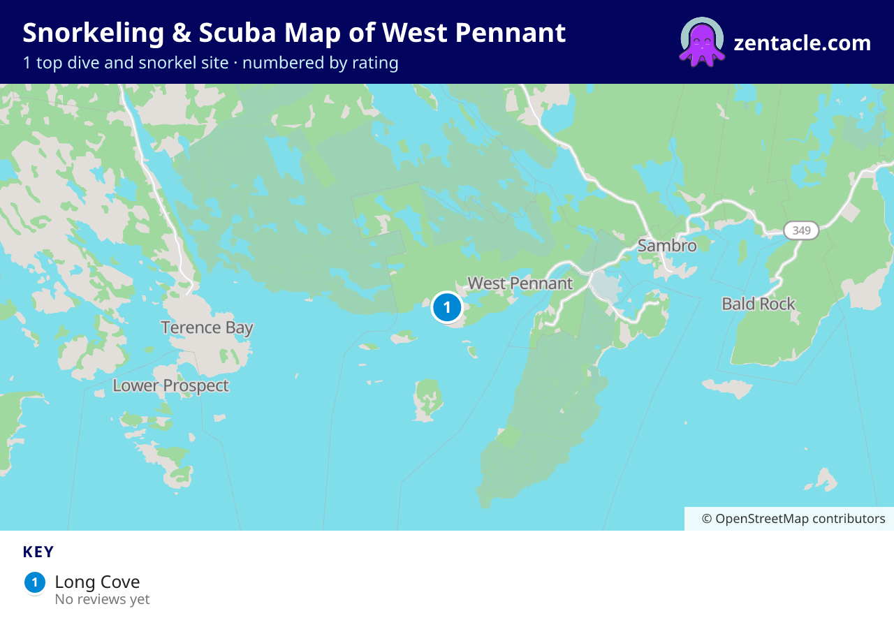 Snorkeling & Scuba Map of West Pennant: numbered map of the top 1 dive and snorkel sites, with ratings