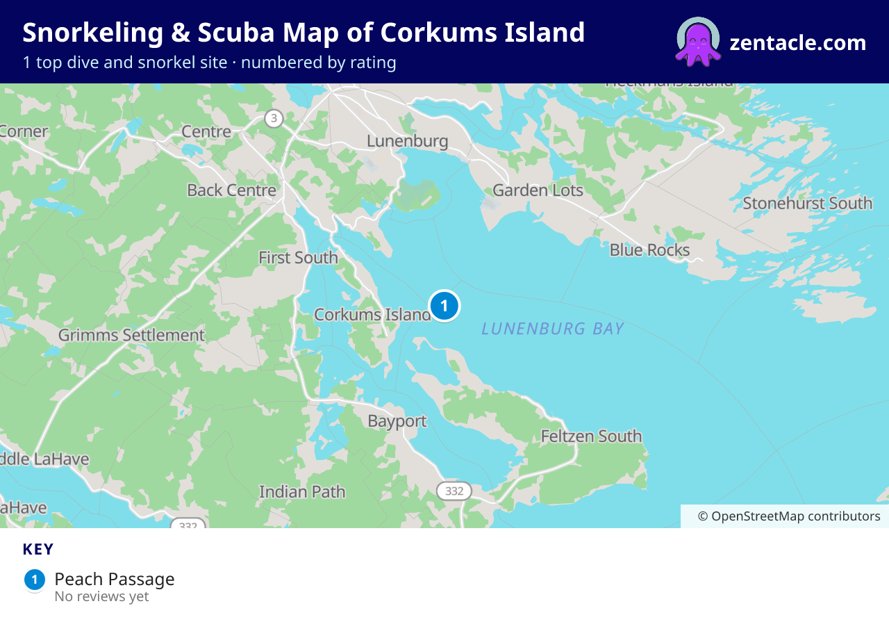 Snorkeling & Scuba Map of Corkums Island: numbered map of the top 1 dive and snorkel sites, with ratings