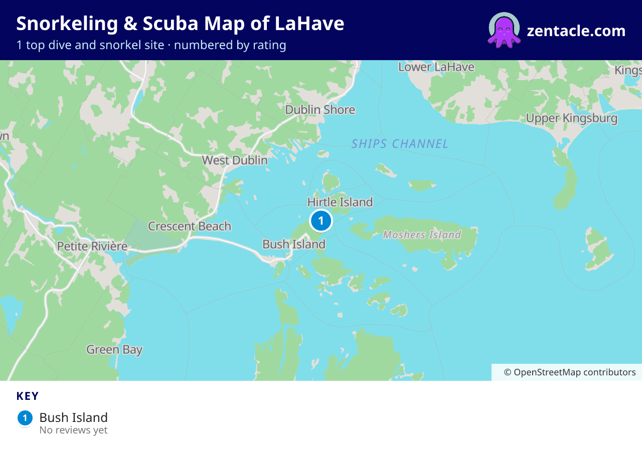 Snorkeling & Scuba Map of LaHave: numbered map of the top 1 dive and snorkel sites, with ratings