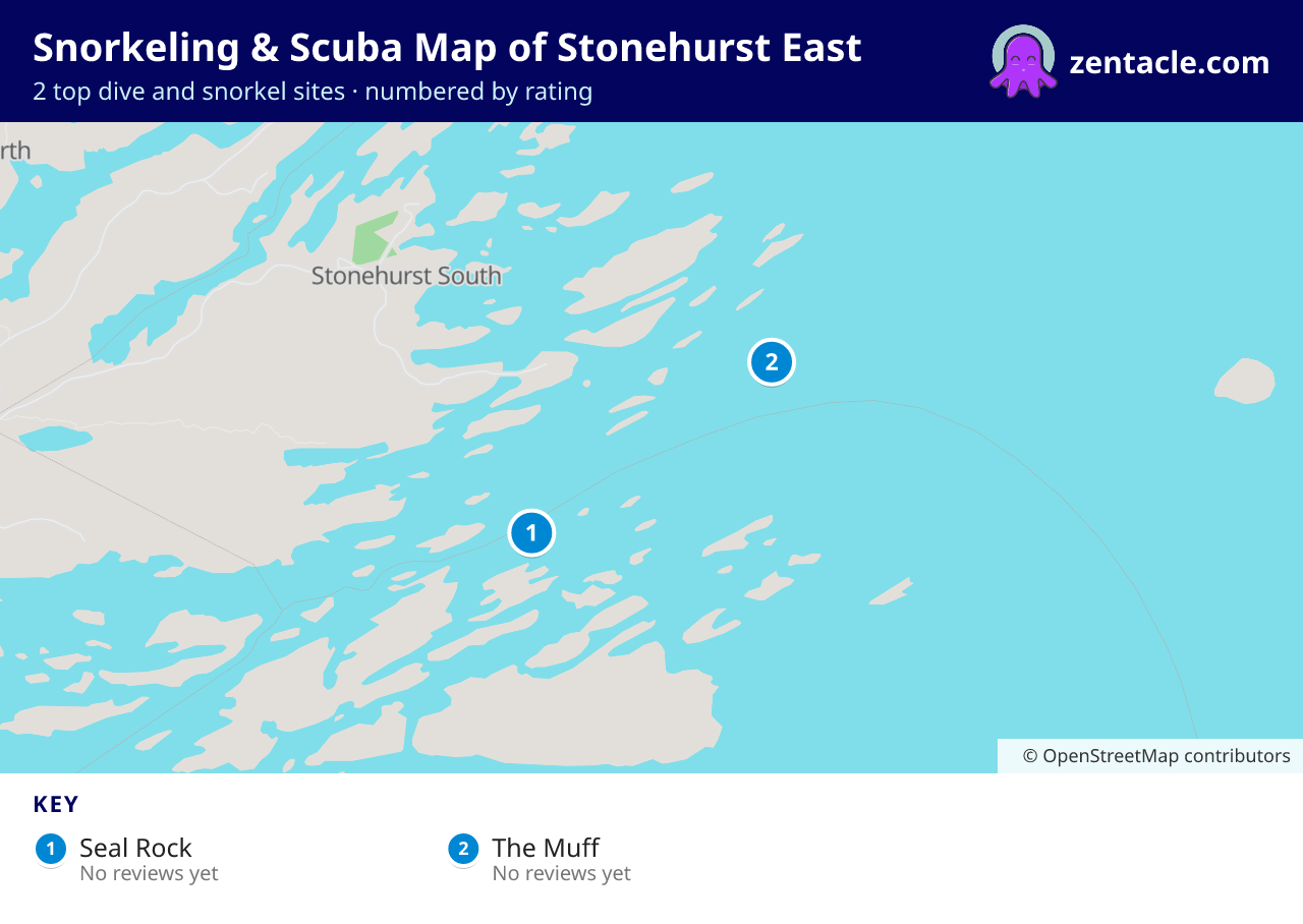 Snorkeling & Scuba Map of Stonehurst East: numbered map of the top 2 dive and snorkel sites, with ratings