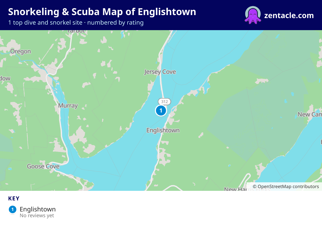 Snorkeling & Scuba Map of Englishtown: numbered map of the top 1 dive and snorkel sites, with ratings