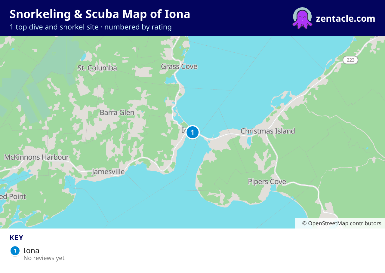 Snorkeling & Scuba Map of Iona: numbered map of the top 1 dive and snorkel sites, with ratings