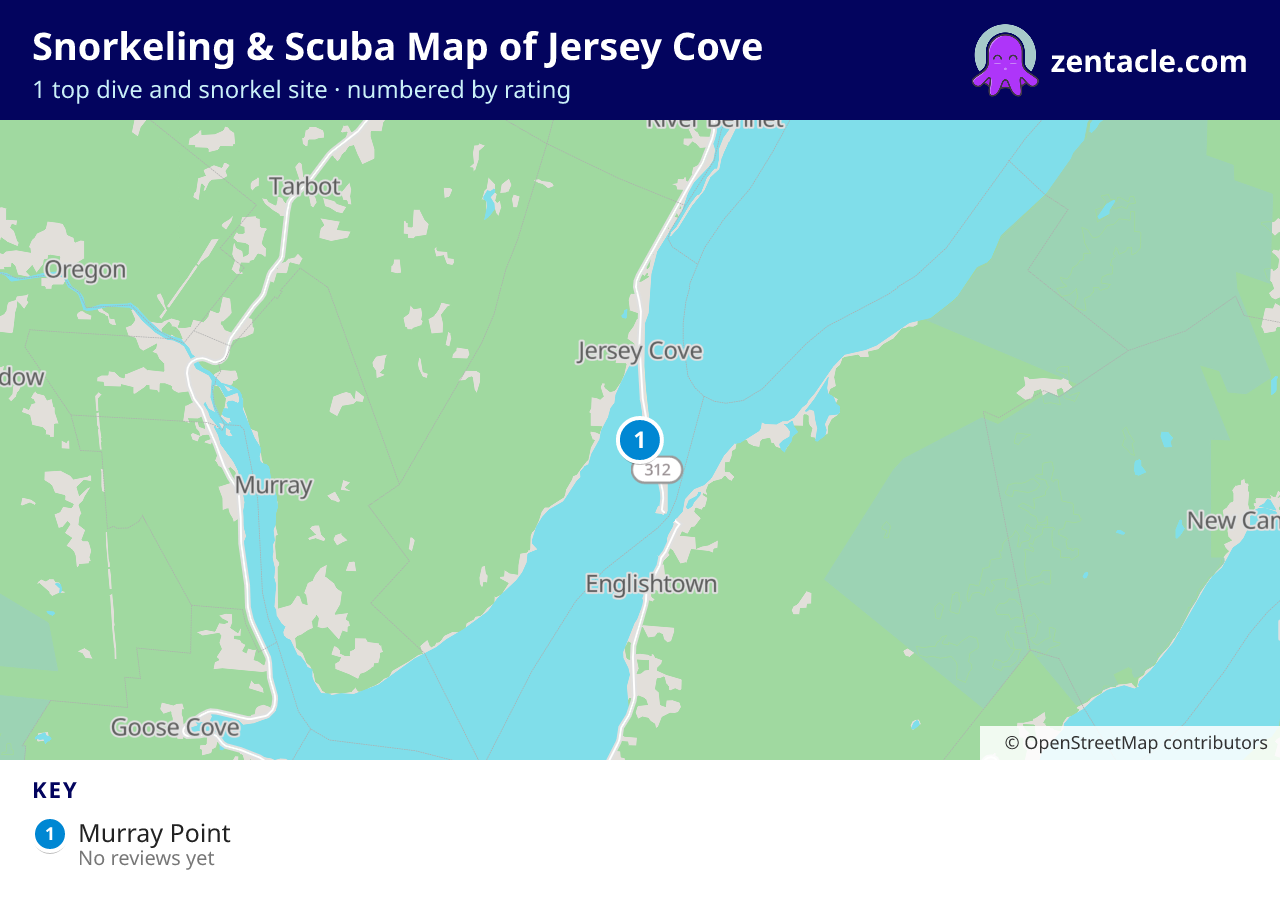 Snorkeling & Scuba Map of Jersey Cove: numbered map of the top 1 dive and snorkel sites, with ratings