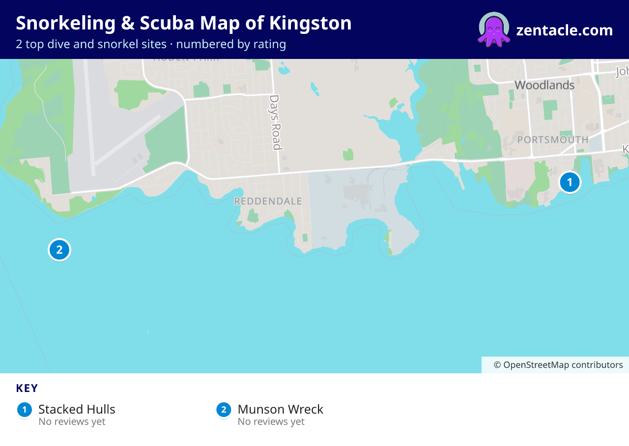 Snorkeling & Scuba Map of Kingston: numbered map of the top 2 dive and snorkel sites, with ratings