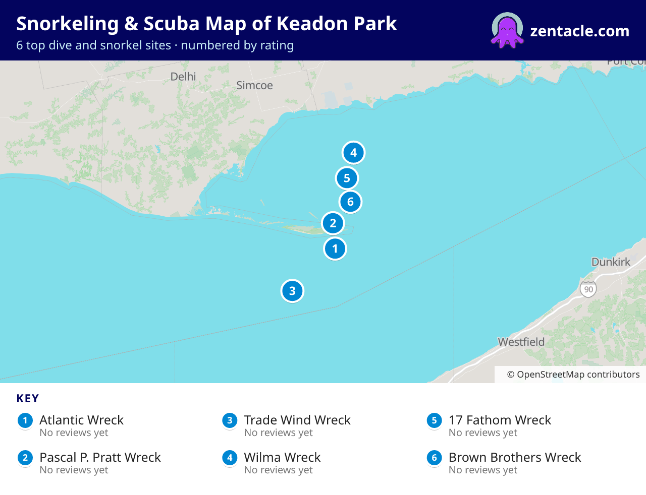 Snorkeling & Scuba Map of Keadon Park: numbered map of the top 6 dive and snorkel sites, with ratings