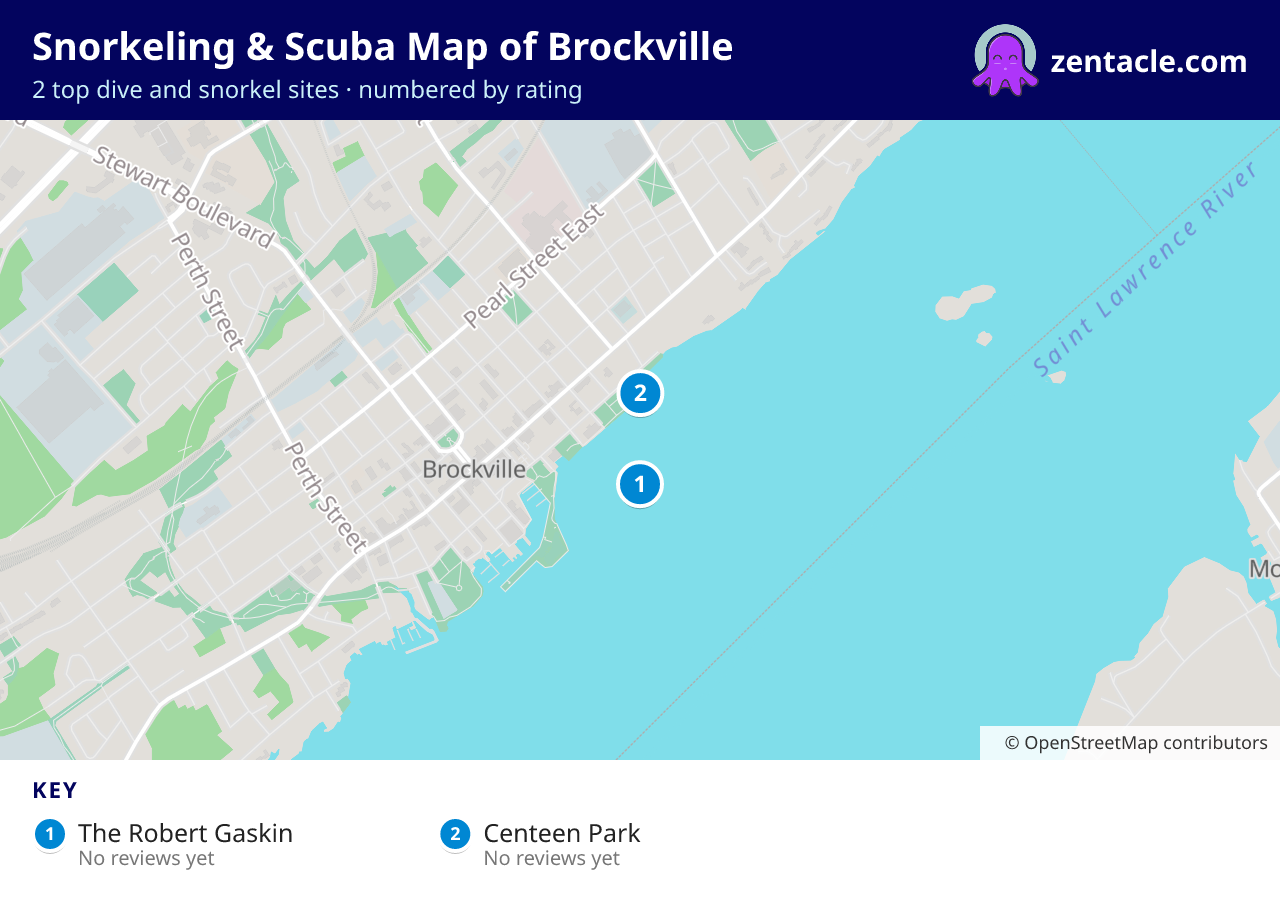 Snorkeling & Scuba Map of Brockville: numbered map of the top 2 dive and snorkel sites, with ratings