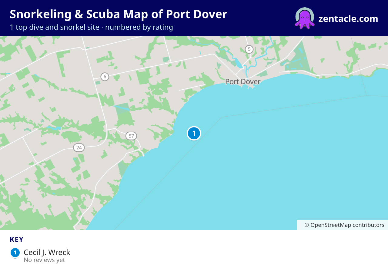 Snorkeling & Scuba Map of Port Dover: numbered map of the top 1 dive and snorkel sites, with ratings