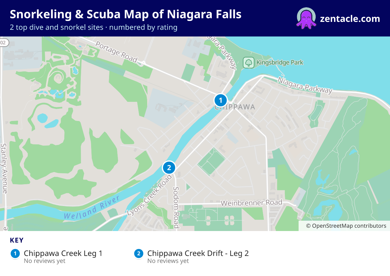 Snorkeling & Scuba Map of Niagara Falls: numbered map of the top 2 dive and snorkel sites, with ratings