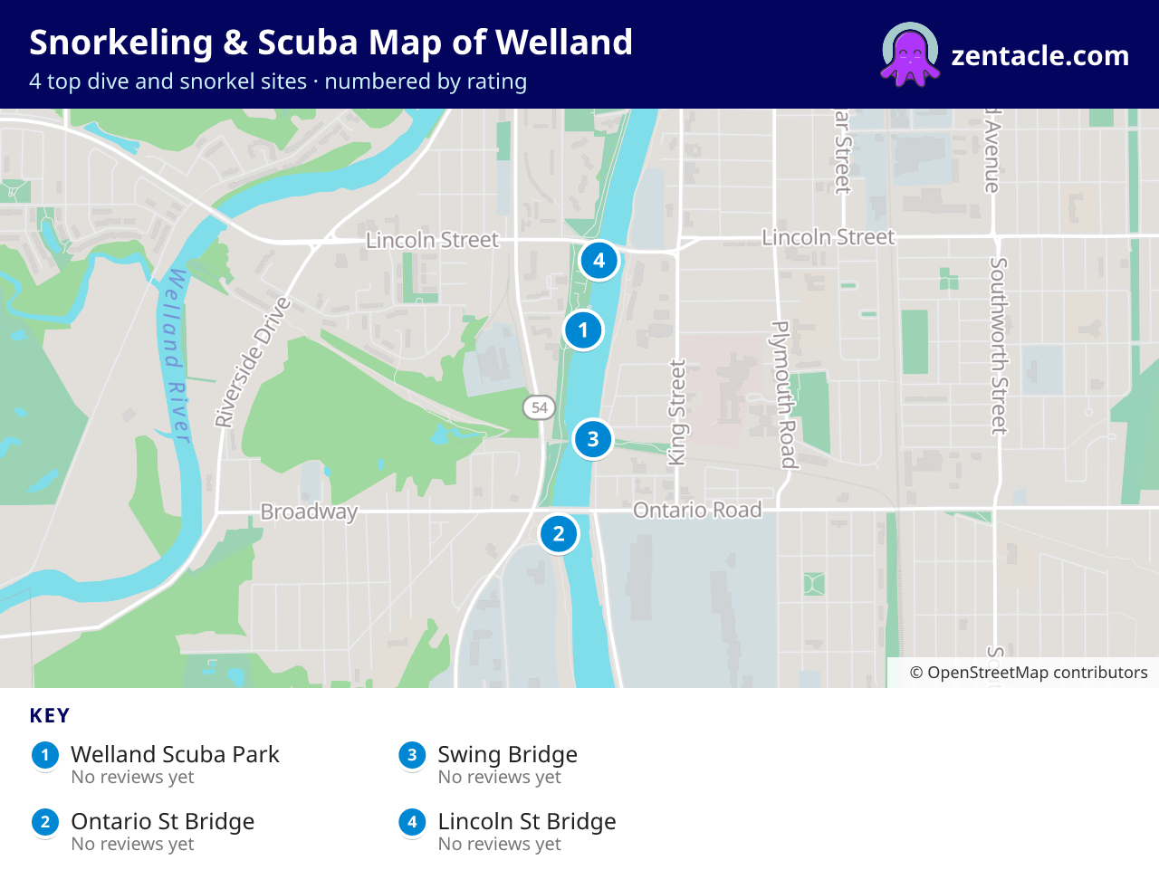 Snorkeling & Scuba Map of Welland: numbered map of the top 4 dive and snorkel sites, with ratings