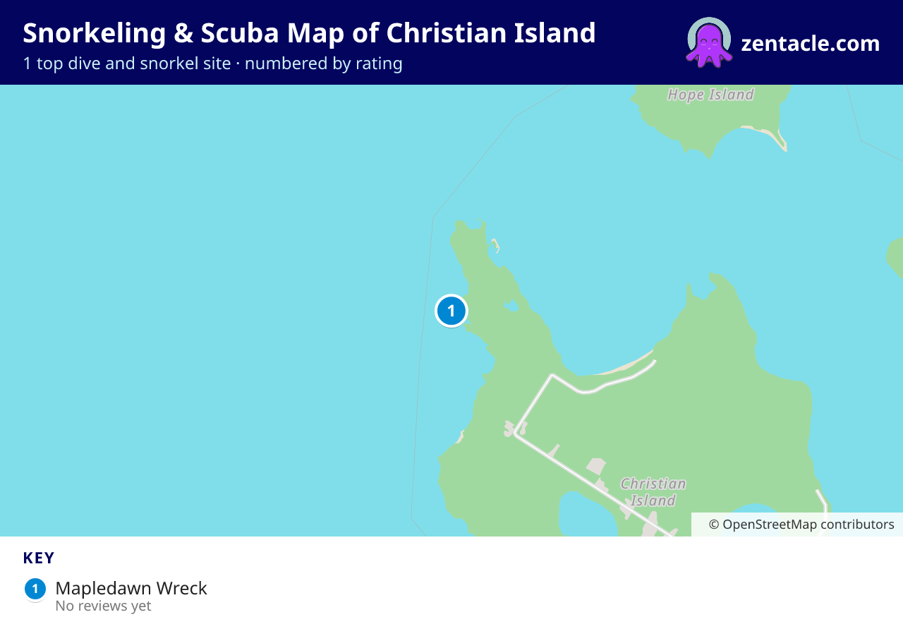 Snorkeling & Scuba Map of Christian Island: numbered map of the top 1 dive and snorkel sites, with ratings