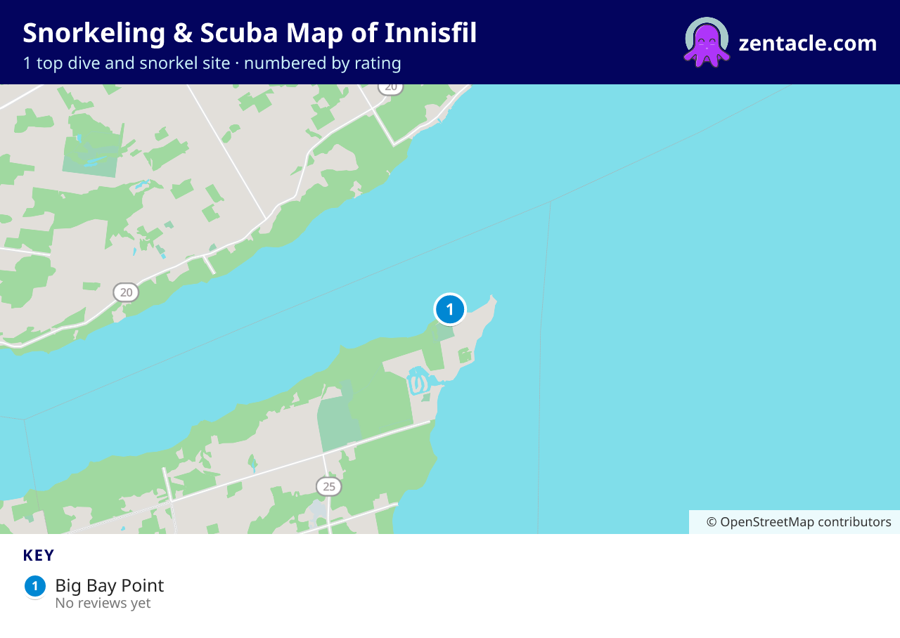 Snorkeling & Scuba Map of Innisfil: numbered map of the top 1 dive and snorkel sites, with ratings