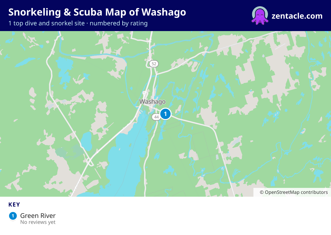 Snorkeling & Scuba Map of Washago: numbered map of the top 1 dive and snorkel sites, with ratings