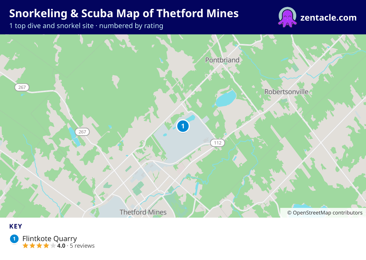 Snorkeling & Scuba Map of Thetford Mines: numbered map of the top 1 dive and snorkel sites, with ratings